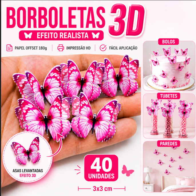 kit 40 Borboletas 3D Duplas Decorativas Para Bolo Parede Festa E 