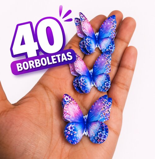 40 Borboletas 3D Jardim Encantado 3x3 Aplique Decoração Festa Infantil