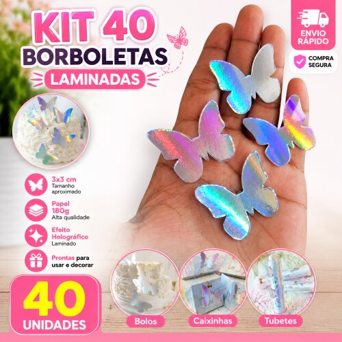 40 Borboletas Holográficas Laminadas 3x3cm Decoração Festa Infantil