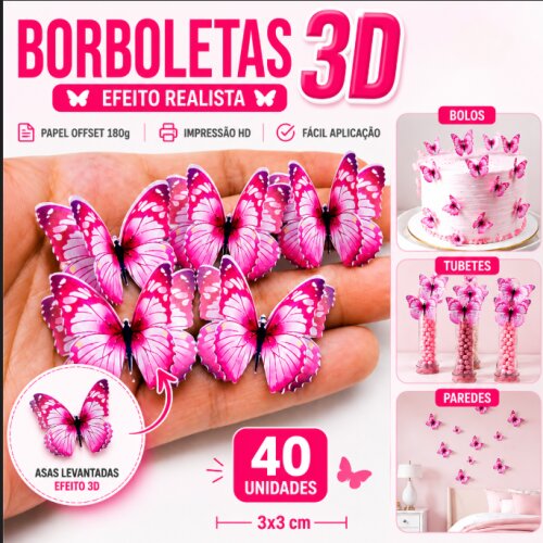 kit 40 Borboletas 3D Duplas Decorativas Para Bolo Parede Festa E Aniversário