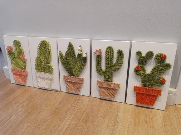 Quadro Quinteto de Cactos em String Art