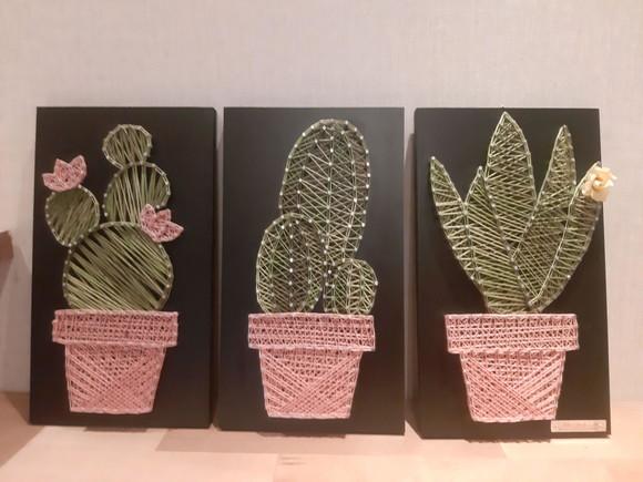 Quadro Trio de Cactos Suculenta em String Art