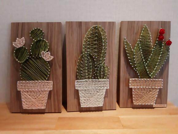 Quadro Trio de Cactos Suculenta em String Art
