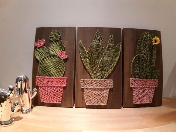 Quadro Trio de Cactos Suculenta em String Art
