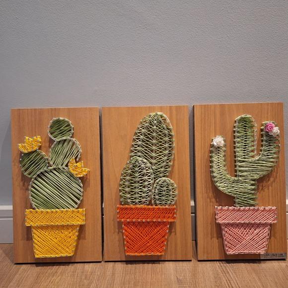 Quadro Trio de Cactos Suculenta String Art