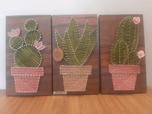 Quadro Trio de Cactos Suculenta em String Art