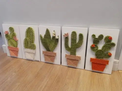 Quadro Quinteto de Cactos em String Art
