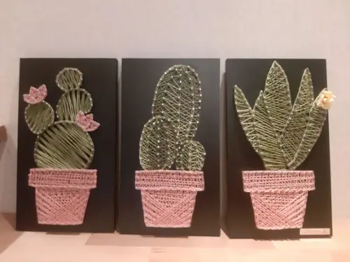 Quadro Trio de Cactos Suculenta em String Art