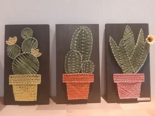 Quadro Trio de Cactos Suculenta em String Art