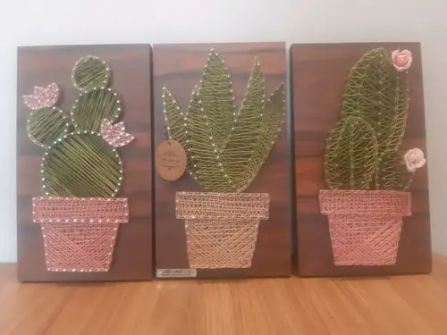 Quadro Trio de Cactos Suculenta em String Art