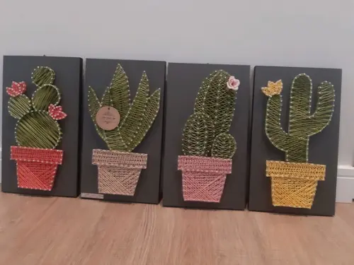 Quarteto de Cactus e Suculentas em String Art Suculentas