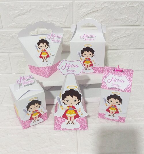 Lembrancinhas Para Aniversário Kit Festa Personalizados São Miguel Arcanjo Rosa - 20 Caixinhas