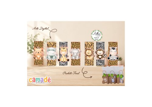 Kit Digital Apliques Sacolinha Safari Aquarelado | Arte Digital para Imprimir