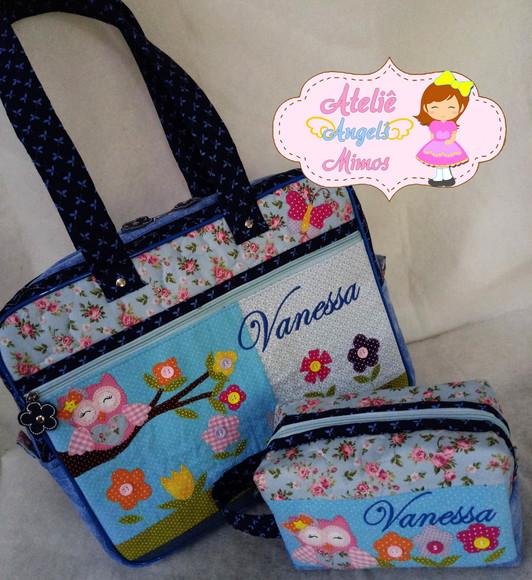 Bolsa + frasqueira box corujinha azul