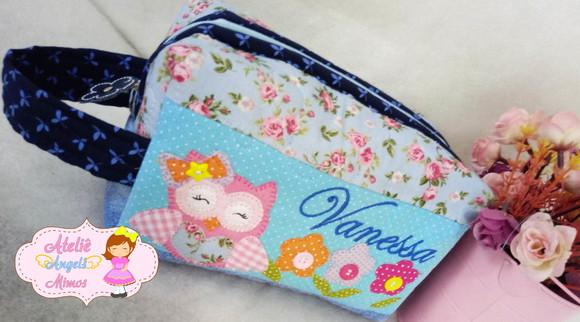 Bolsa + frasqueira box corujinha azul