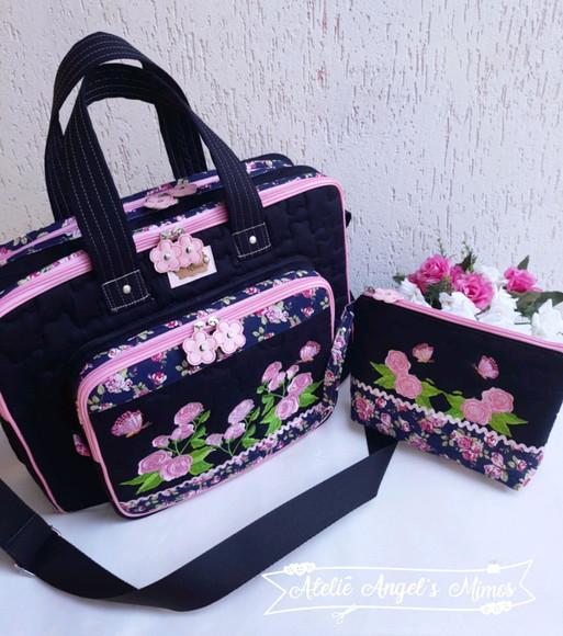 Bolsa bolsa 3 divisões +necessaire rosas e borboletas