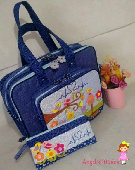 Bolsa bolsa 3 divisões azul e rosa patchwork