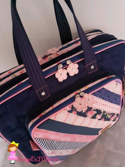 Bolsa bolsa 3 divisões azul e rosa patchwork