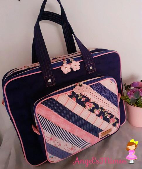 Bolsa bolsa 3 divisões azul e rosa patchwork