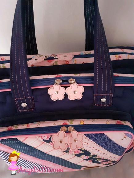 Bolsa bolsa 3 divisões azul e rosa patchwork