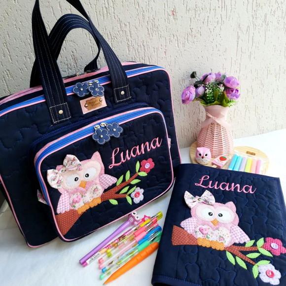 Bolsa bolsa 3 divisões corujinha +capa de caderno