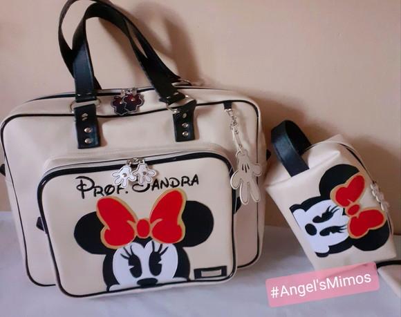 Bolsa Minnie + frasqueira box couro sintético bege