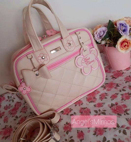Bolsa passeio M bege com rosa couro sintético