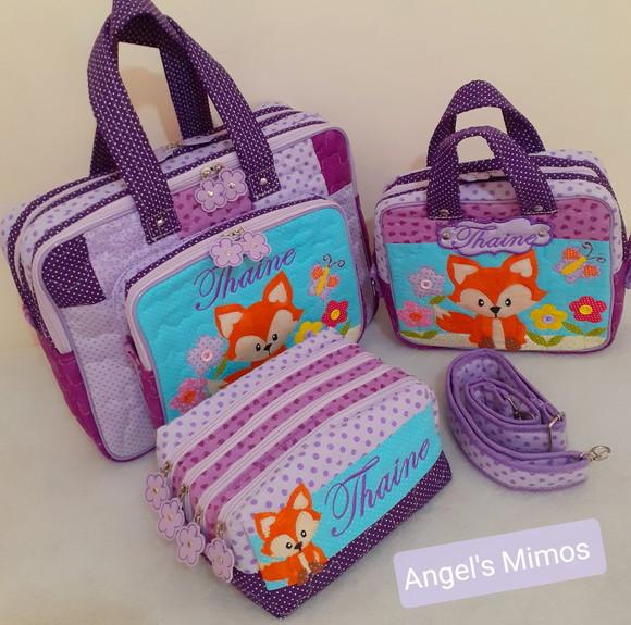 kit bolsa bolsa 3 divisões + estojo 4 divisões e lancheira