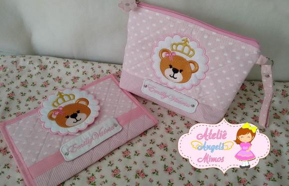 kit capa de carteira de vacinação + necessaire Ursinha