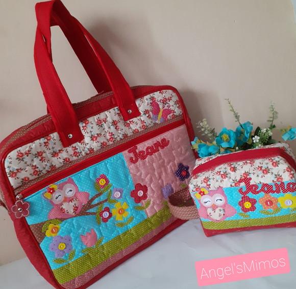 Kit escolar bolsa + frasqueira personalizado corujinha