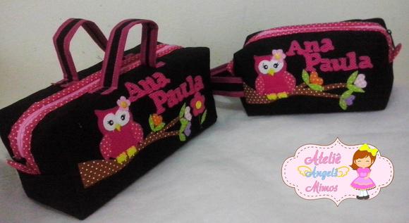 kit frasqueira G e M Corujinha pretoxpink