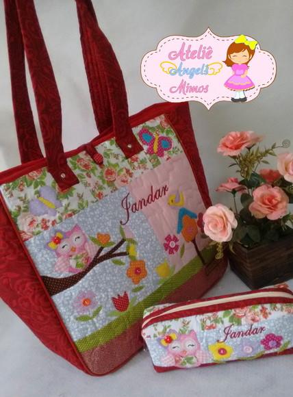 kit professor bolsa + estojo Corujinha vermelha