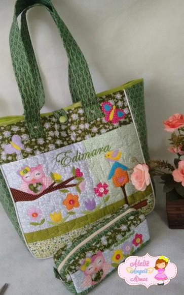kit professor bolsa + estojo Corujinha Verde