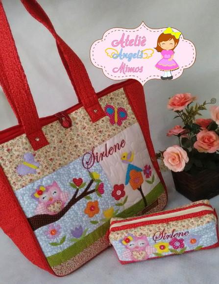 kit professor bolsa + estojo Corujinha vermelha