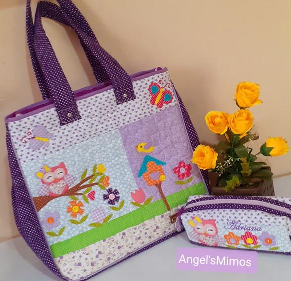 Kit professor corujinha bolsa +estojo lilas
