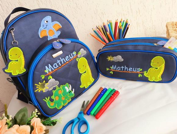 Mochila e estojo duplo material sintético Dinossauro