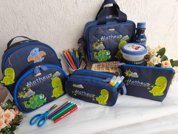 Mochila, estojo, lancheira dinossauro kit escolar