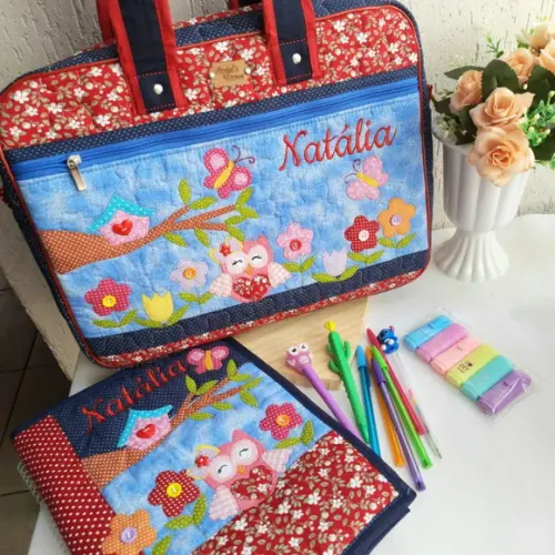 Bolsa + capa de caderno corujinha
