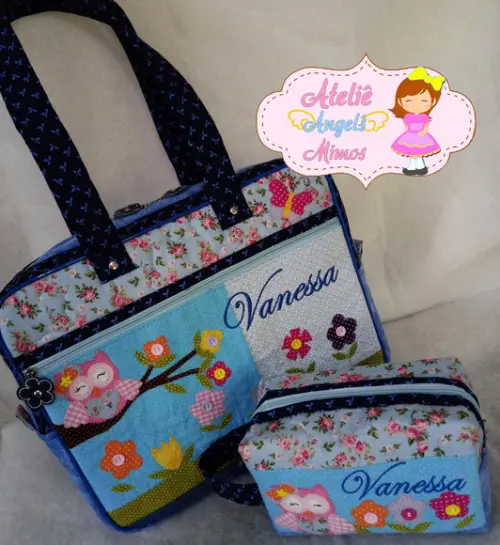 Bolsa + frasqueira box corujinha azul