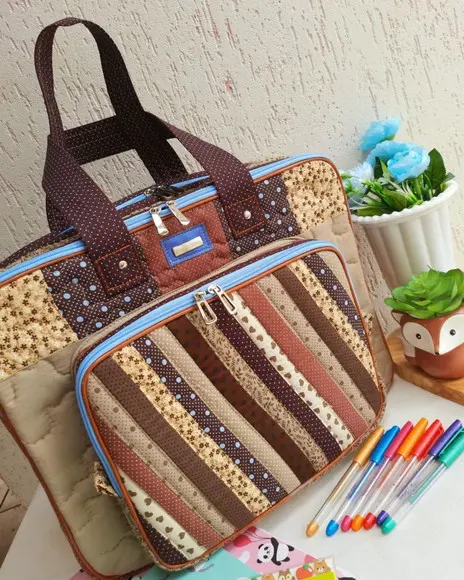 Bolsa 3 Divisões Tons De Bege E Marrom