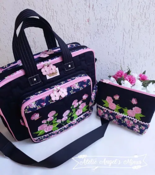 Bolsa bolsa 3 divisões +necessaire rosas e borboletas