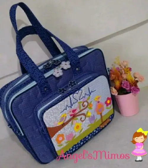 Bolsa bolsa 3 divisões azul e rosa patchwork