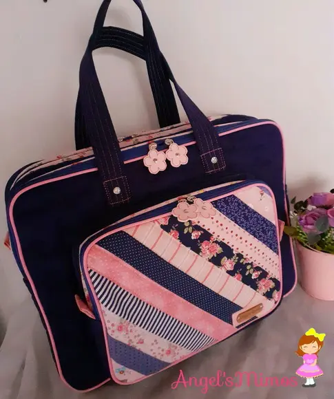 Bolsa bolsa 3 divisões azul e rosa patchwork