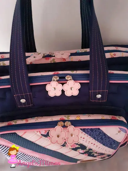 Bolsa bolsa 3 divisões azul e rosa patchwork
