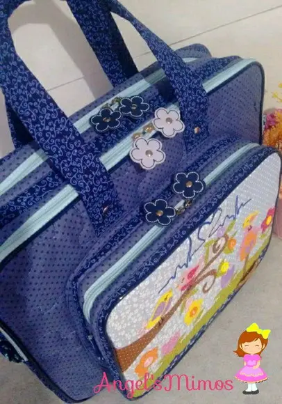 Bolsa bolsa 3 divisões azul e rosa patchwork