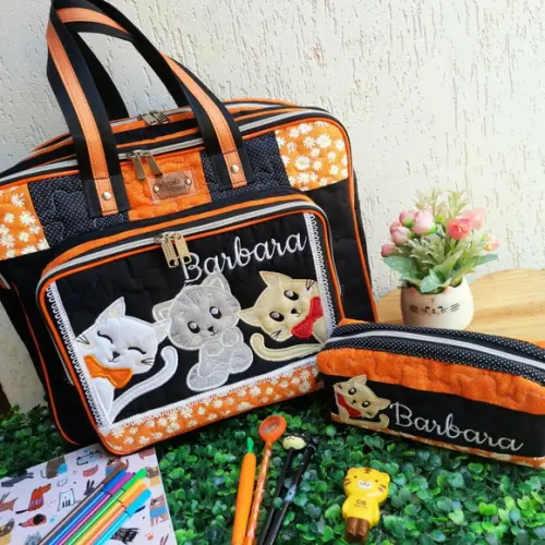 Bolsa Bolsa 3 Divisões Gatinhos e Estojo Box
