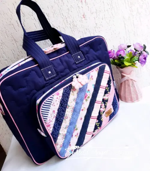 Bolsa bolsa azul e rosa patchwork