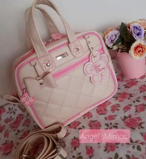 Bolsa passeio M bege com rosa couro sintético
