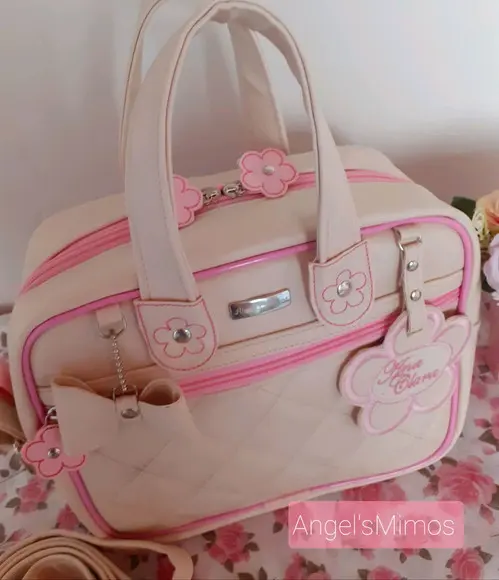 Bolsa passeio M bege com rosa couro sintético
