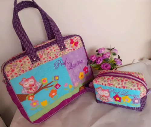 Kit bolsa +frasqueira coruja roxa
